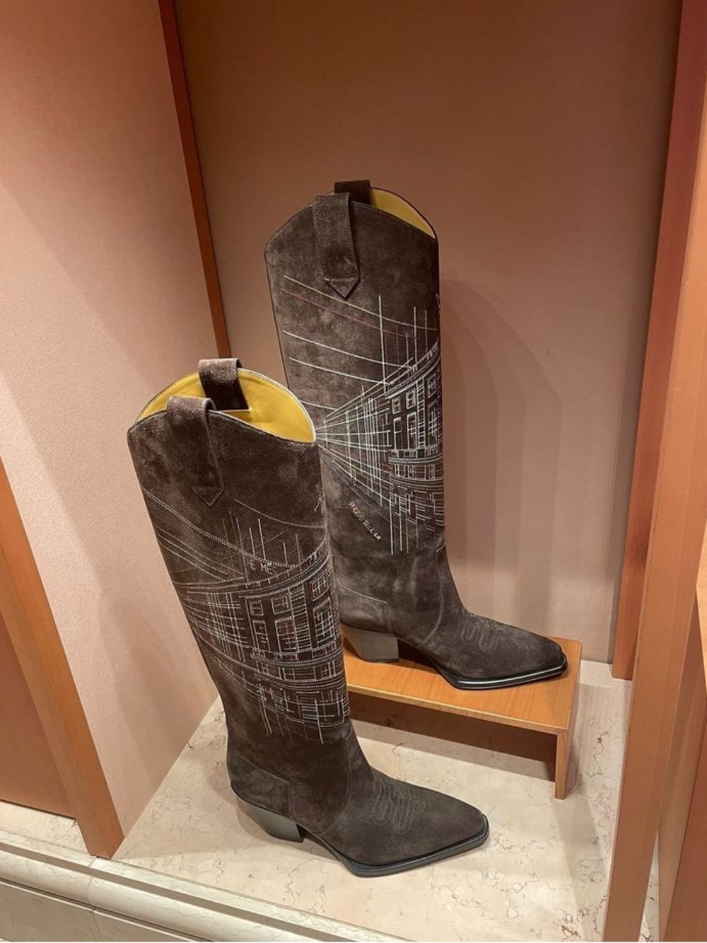 Hermes Brown Suede Cowboy Boots with Architectural Stitching - Picture 3 of 8